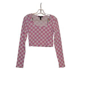 FOREVER 21 Pink-White Pattern Cotton-Spandex Cropped Top Long Sleeves Scoop M